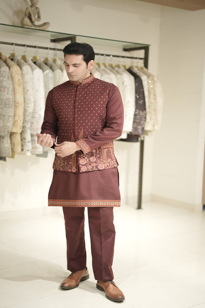 Buy maroon colour kurta pajama with waist coat for wedding