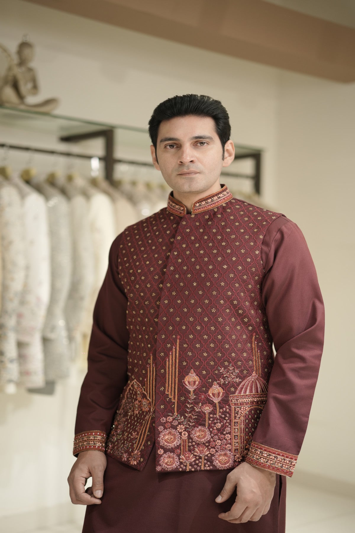 Shop kurta with waistcoat in embroidered silk fabric
