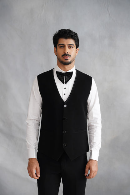 Black Tuxedo Suit with Heavy Silver Crystal Border & Shoulder Panels