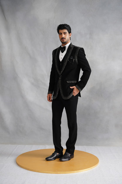Black Tuxedo Suit with Heavy Silver Crystal Border & Shoulder Panels