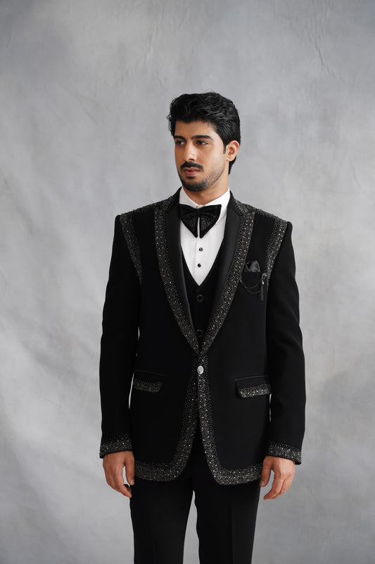 Black Tuxedo Suit with Heavy Silver Crystal Border & Shoulder Panels