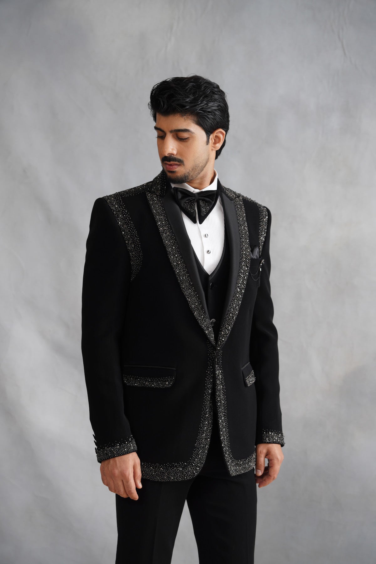 Black Tuxedo Suit with Heavy Silver Crystal Border & Shoulder Panels