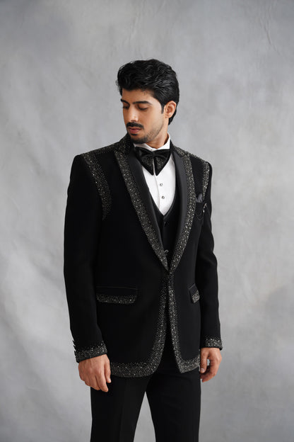 Black Tuxedo Suit with Heavy Silver Crystal Border & Shoulder Panels