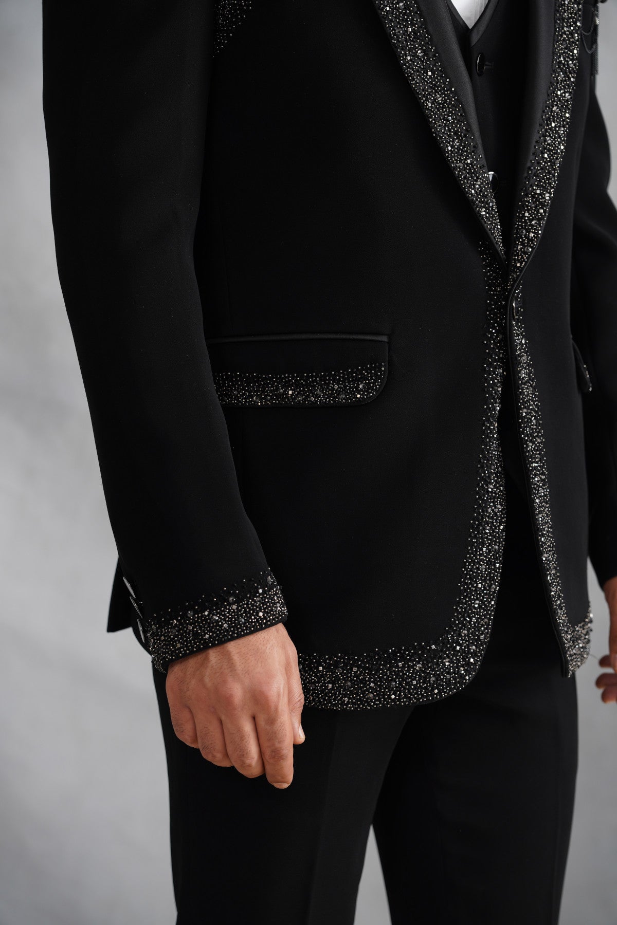Black Tuxedo Suit with Heavy Silver Crystal Border & Shoulder Panels