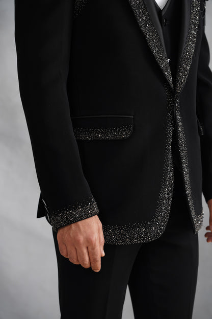 Black Tuxedo Suit with Heavy Silver Crystal Border & Shoulder Panels