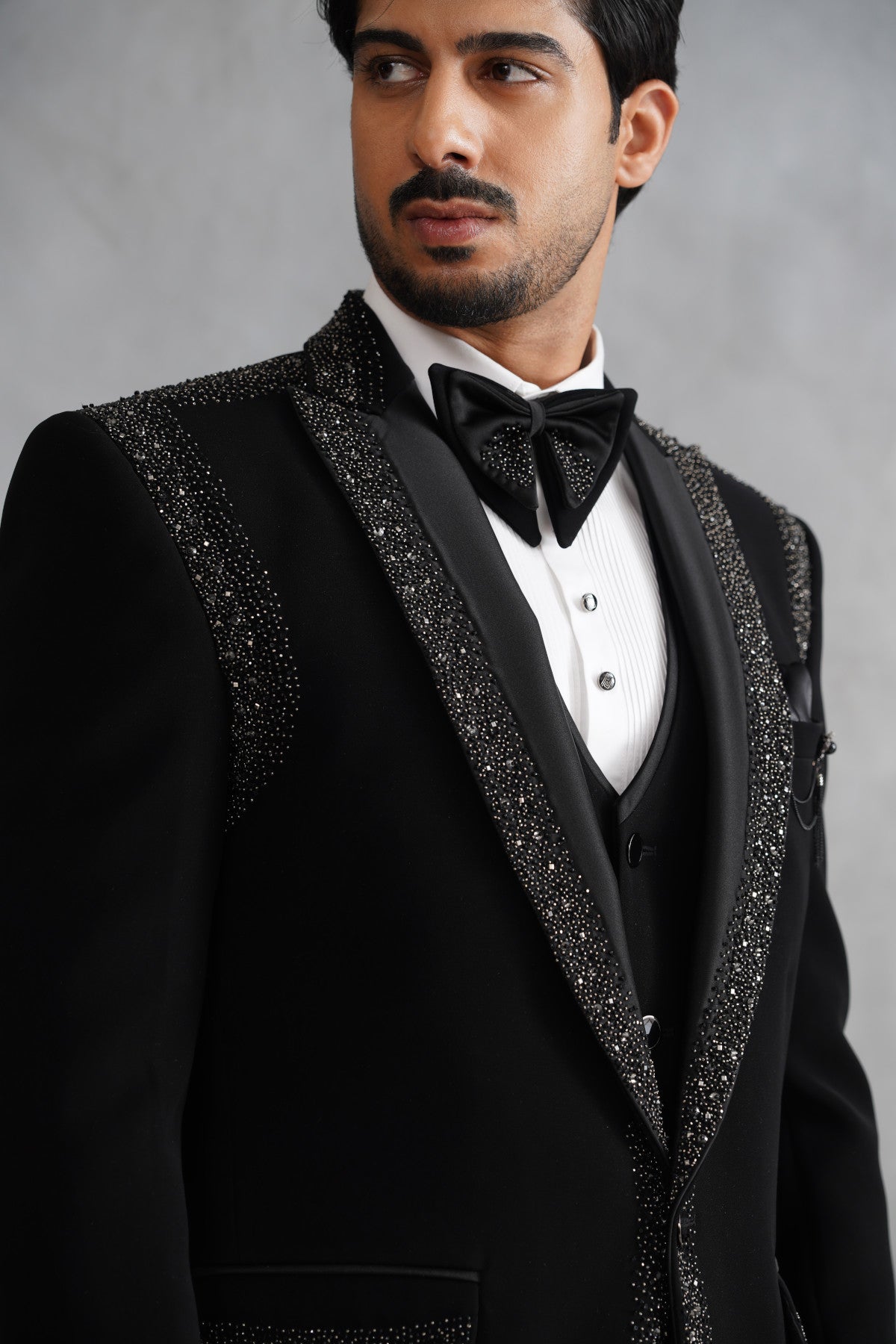 Black Tuxedo Suit with Heavy Silver Crystal Border & Shoulder Panels