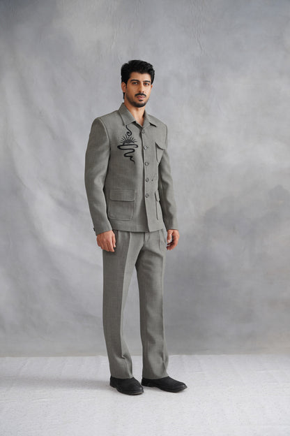 Ash Grey Suit with Abstract Sun Embroidery & Loose Fit Trousers