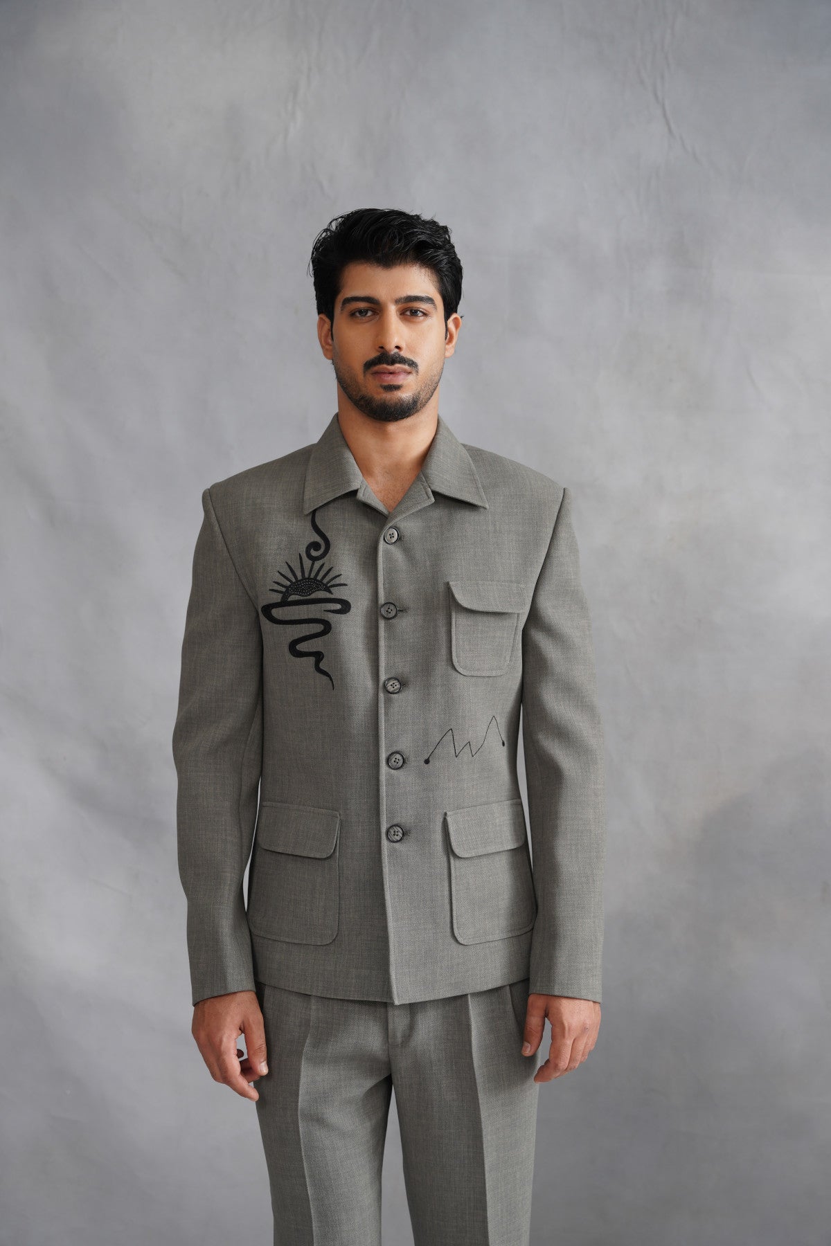Ash Grey Suit with Abstract Sun Embroidery & Loose Fit Trousers