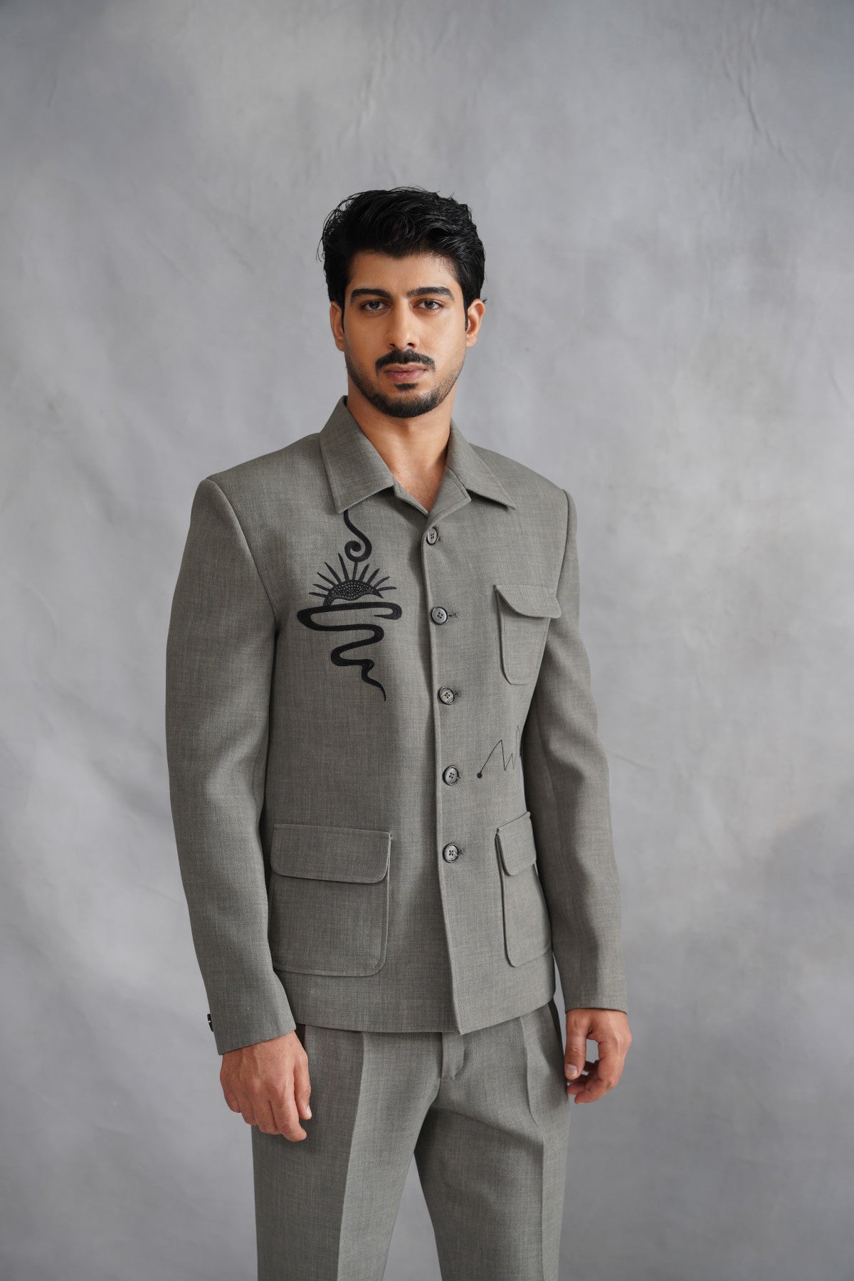 Ash Grey Suit with Abstract Sun Embroidery & Loose Fit Trousers