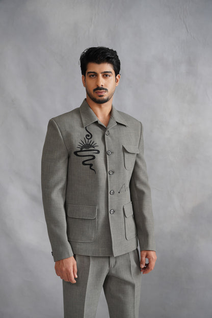 Ash Grey Suit with Abstract Sun Embroidery & Loose Fit Trousers