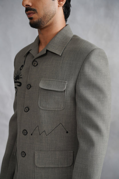 Ash Grey Suit with Abstract Sun Embroidery & Loose Fit Trousers