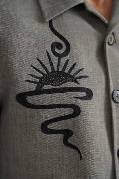 Ash Grey Suit with Abstract Sun Embroidery & Loose Fit Trousers