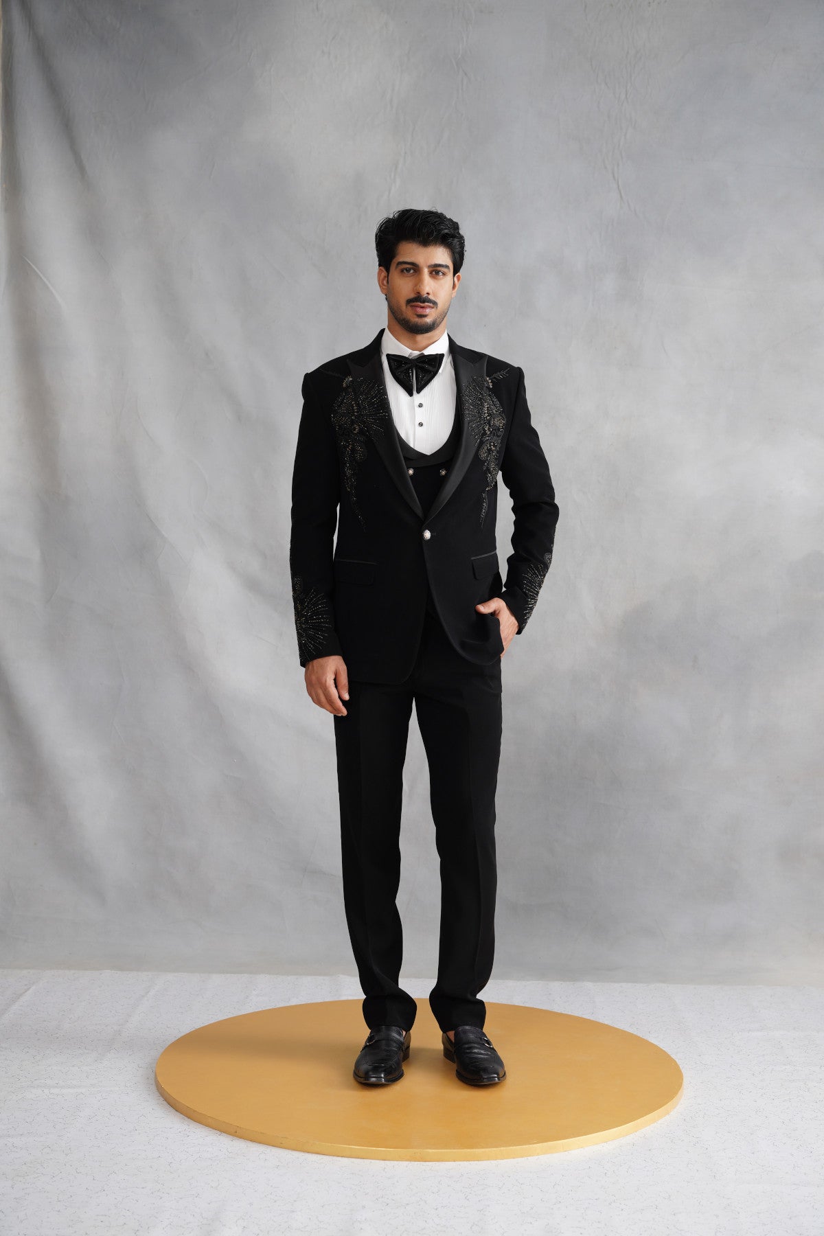 Black Tuxedo Suit with Symmetric Wing Embroidery