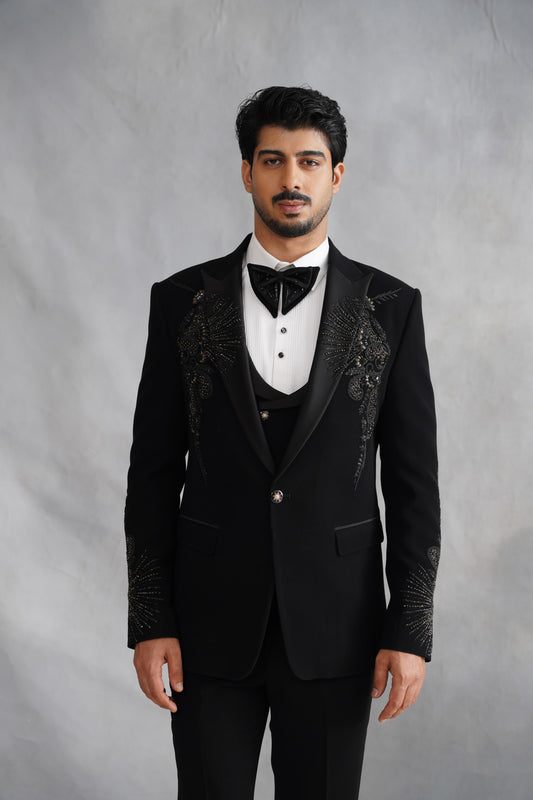 Black Tuxedo Suit with Symmetric Wing Embroidery