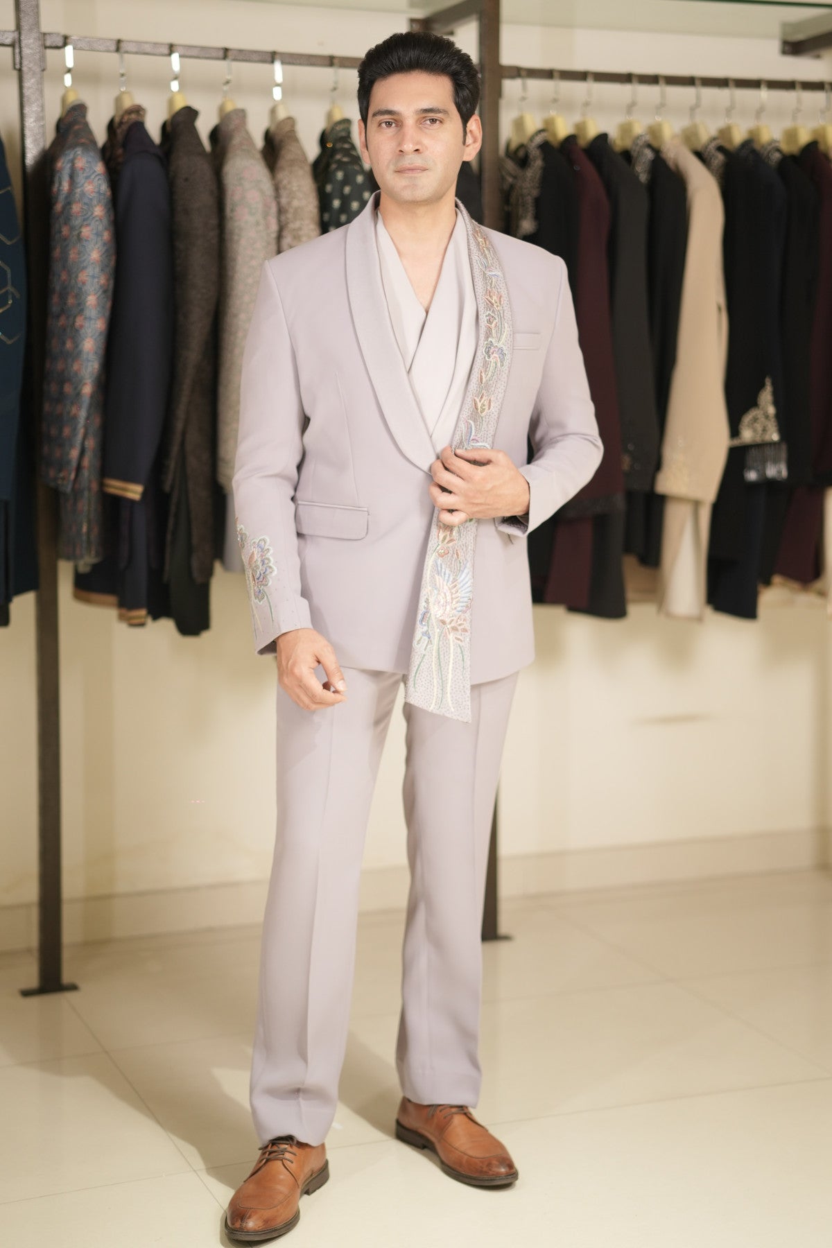 Lilac tuxedo with cowl neck shirt shop