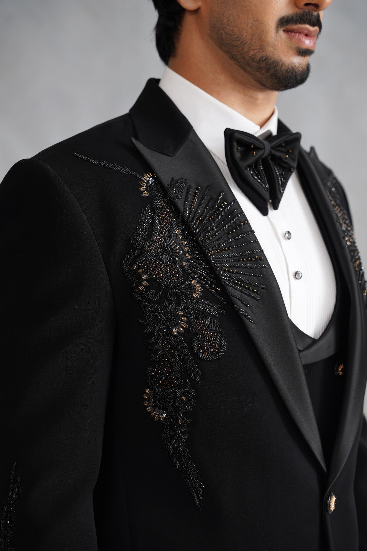 Black Tuxedo Suit with Symmetric Wing Embroidery