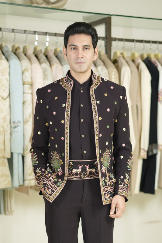 Purple Indo-Western Suit with Shikargah Embroidery and Cummerbund
