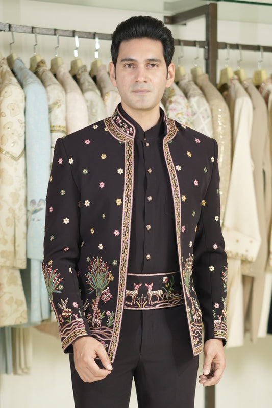 Purple Indo-Western Suit with Shikargah Embroidery and Cummerbund