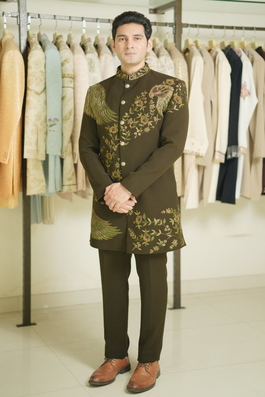 Dark Olive Green Indo-Western with Wing and Floral Embroidery