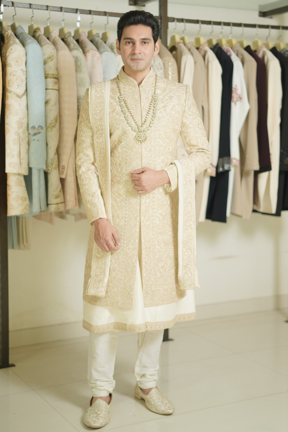 Wedding sherwani for men cream gold shop