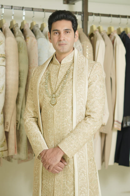 Buy Cream gold sherwani for groom