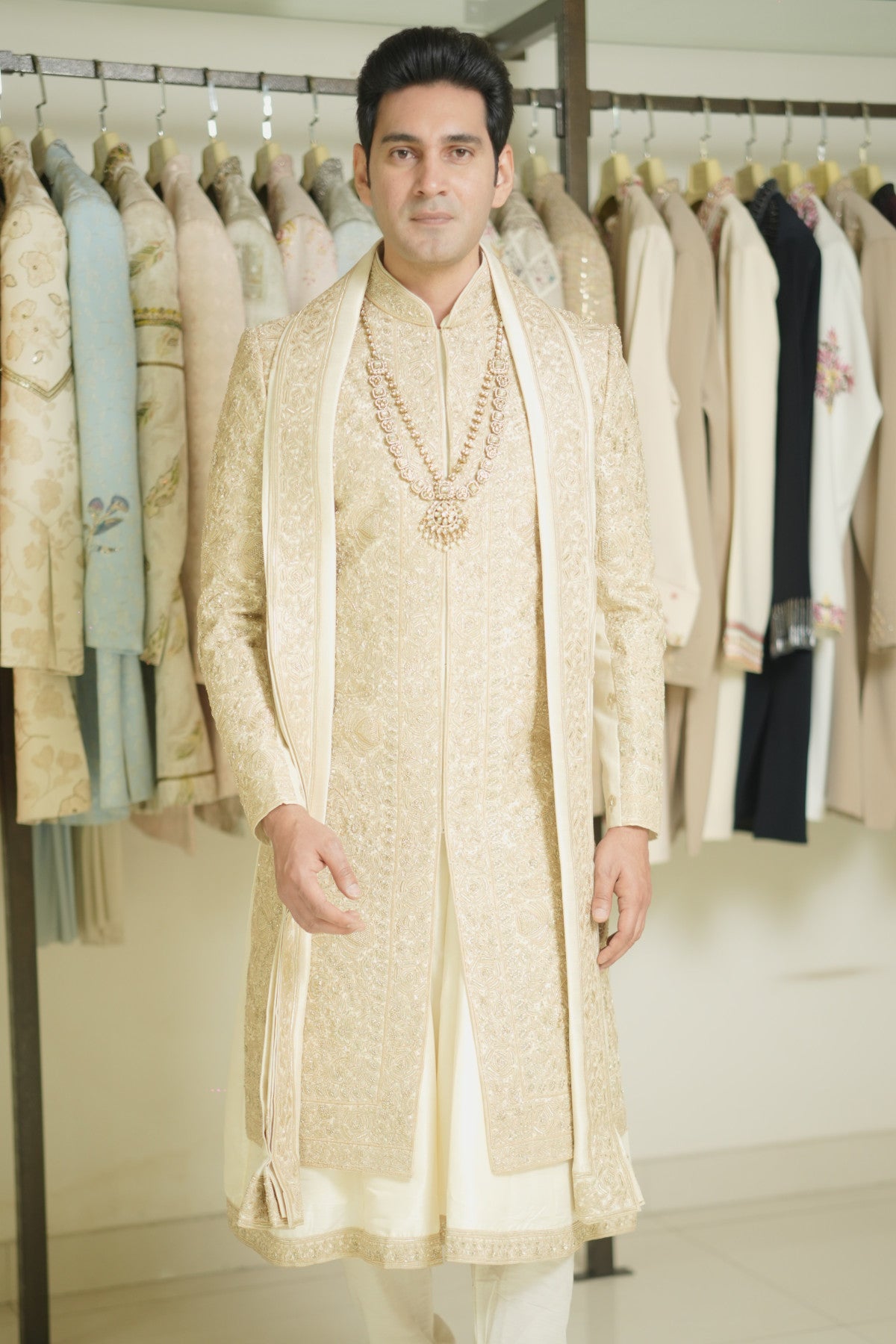 Buy cream gold sherwani for groom online

