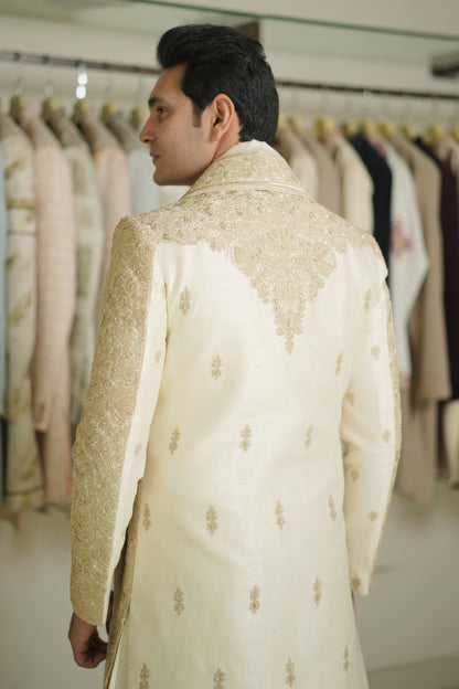 Cream Heavy Gold Embroidered Wedding Sherwani for Groom on Silk Fabric for Men Wear