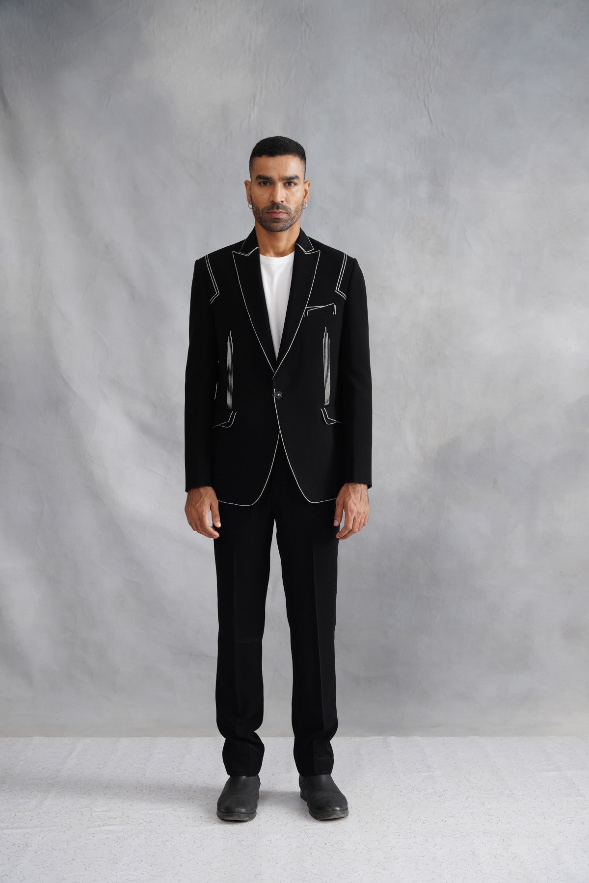 Black Designer Suit with White Contrast Topstitching & Linear Details