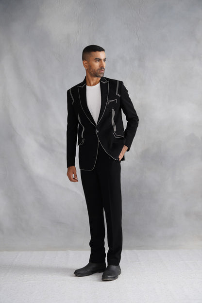 Black Designer Suit with White Contrast Topstitching & Linear Details
