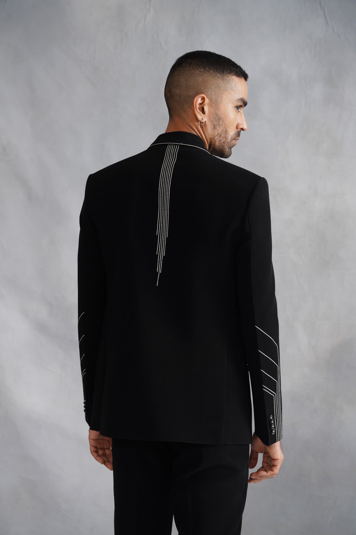 Black Designer Suit with White Contrast Topstitching & Linear Details