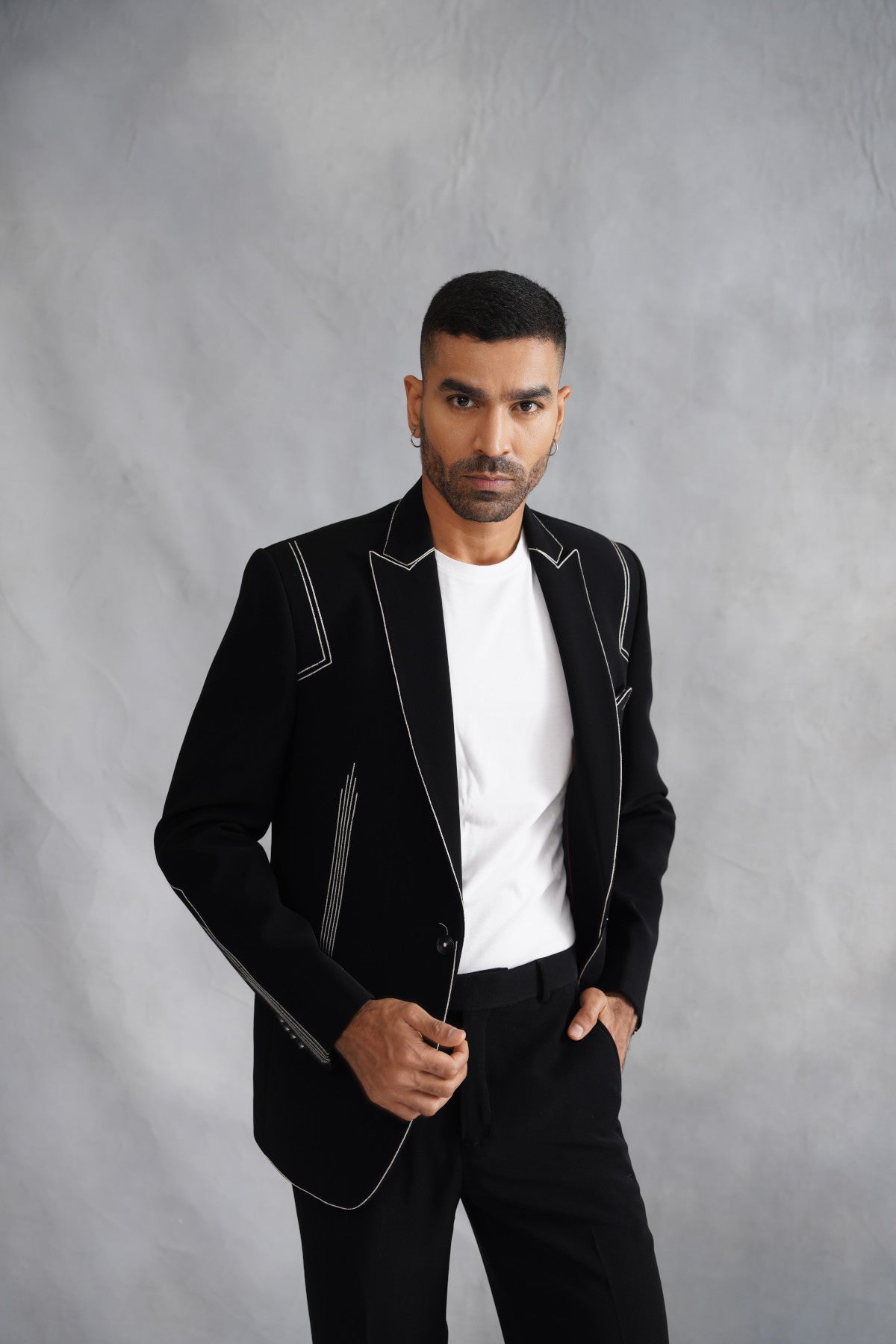 Black Designer Suit with White Contrast Topstitching & Linear Details