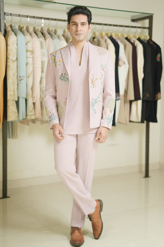 Pastel Pink Indo-Western Suit with Floral & Tree Embroidery