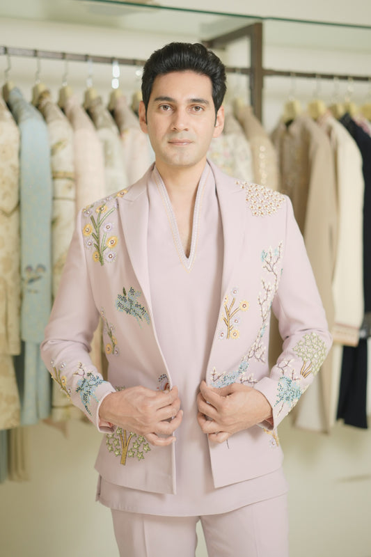 Pastel Pink Indo-Western Suit with Floral & Tree Embroidery