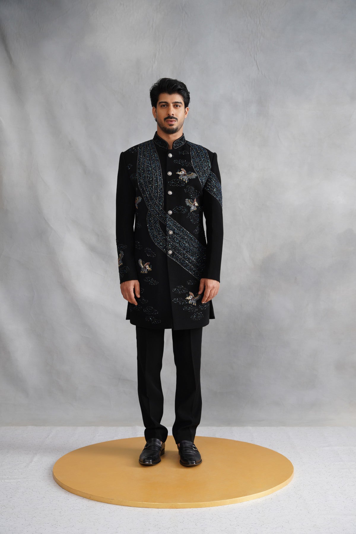 Black Indo-Western with Flying Horse & Cloud Motifs