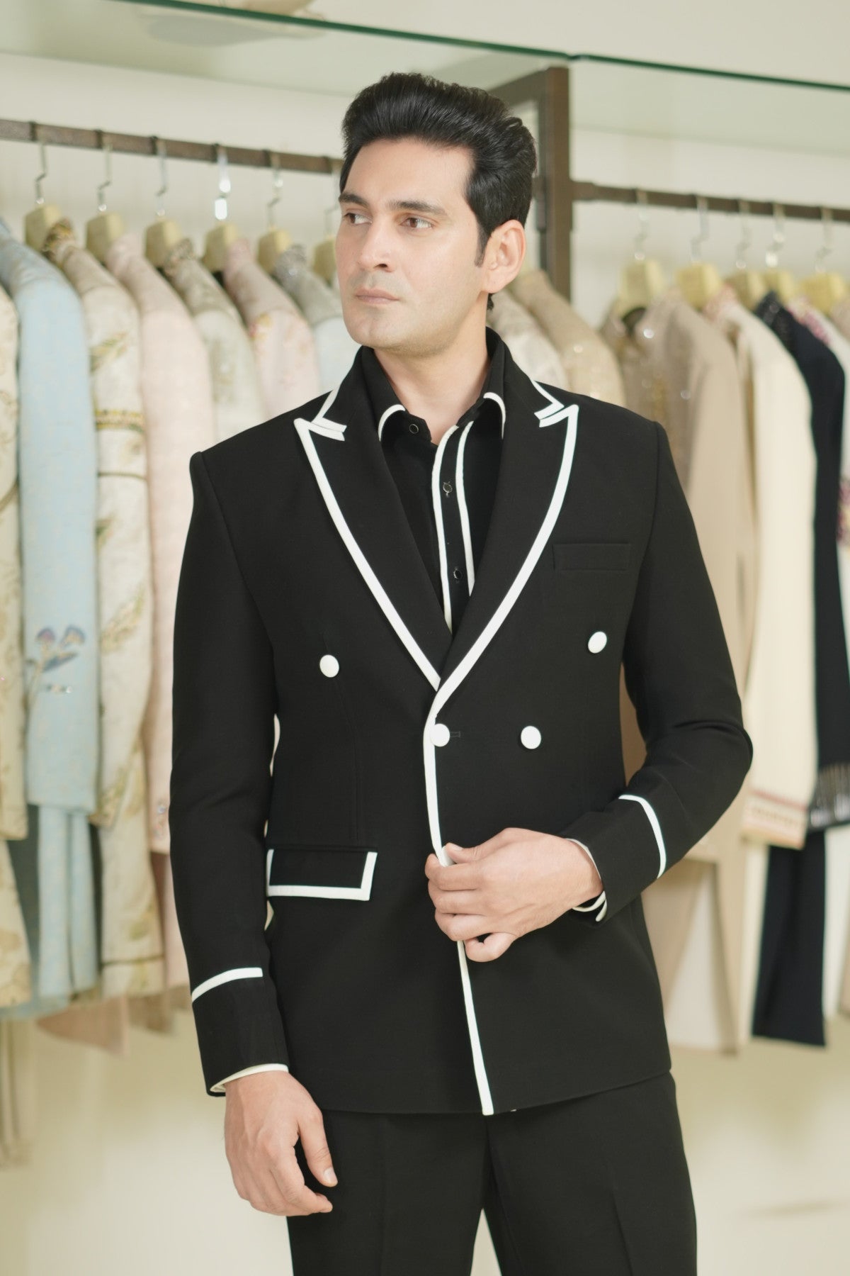 Mens black tuxedo with piping buy online