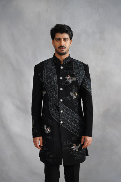 Black Indo-Western with Flying Horse & Cloud Motifs