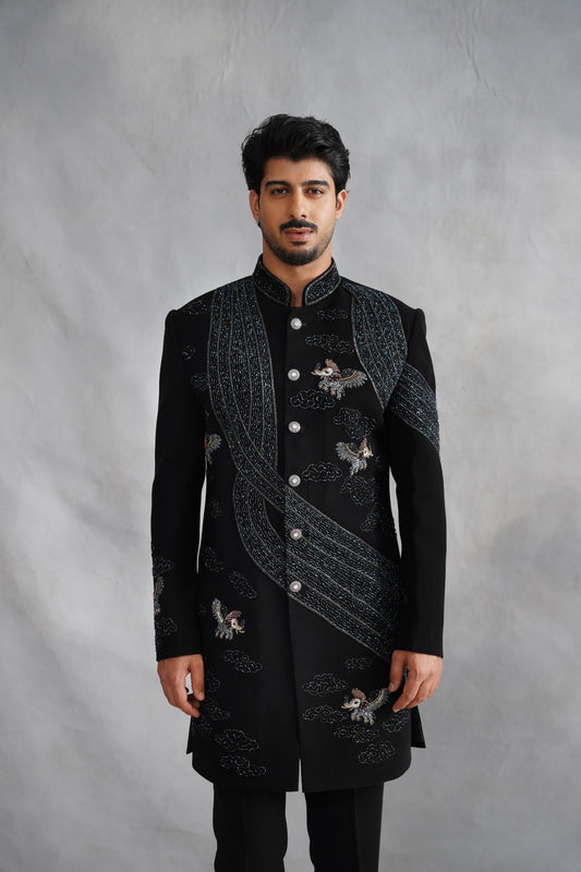 Black Indo-Western with Flying Horse & Cloud Motifs