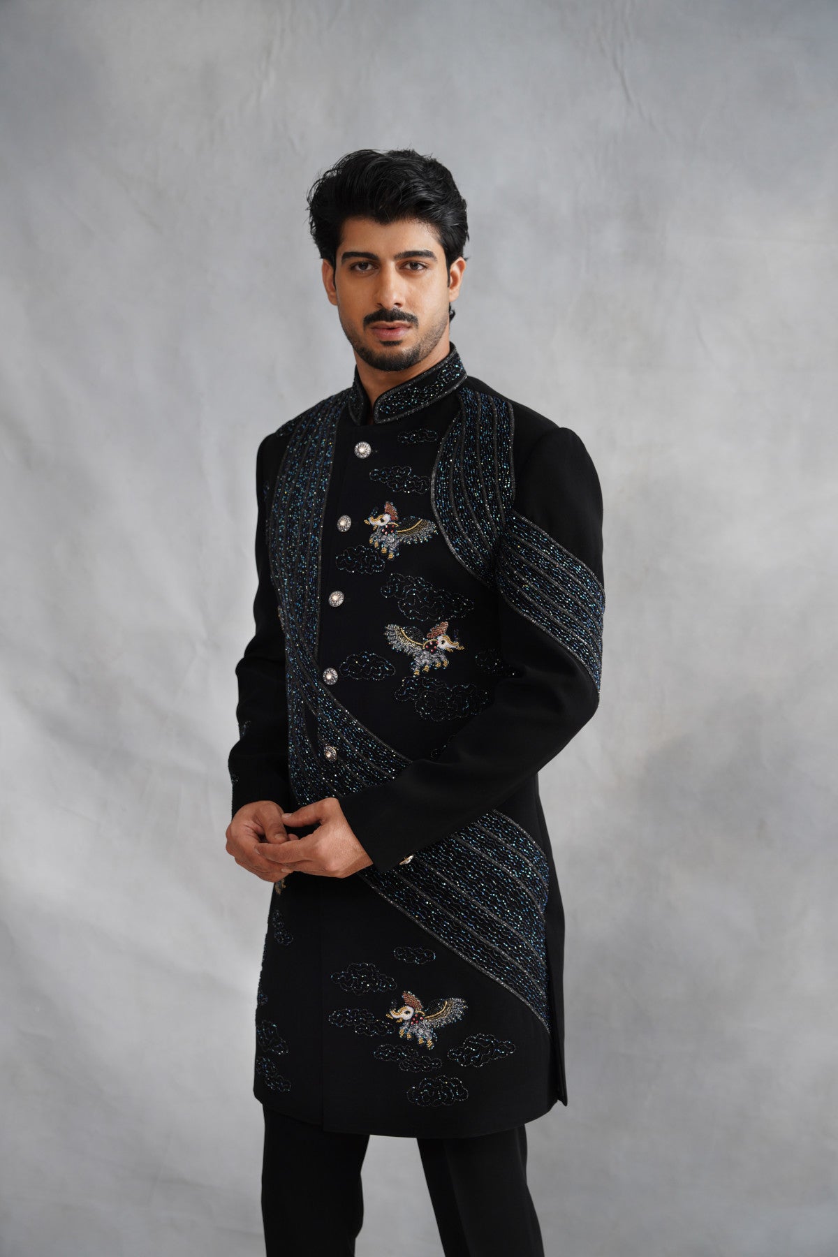 Black Indo-Western with Flying Horse & Cloud Motifs