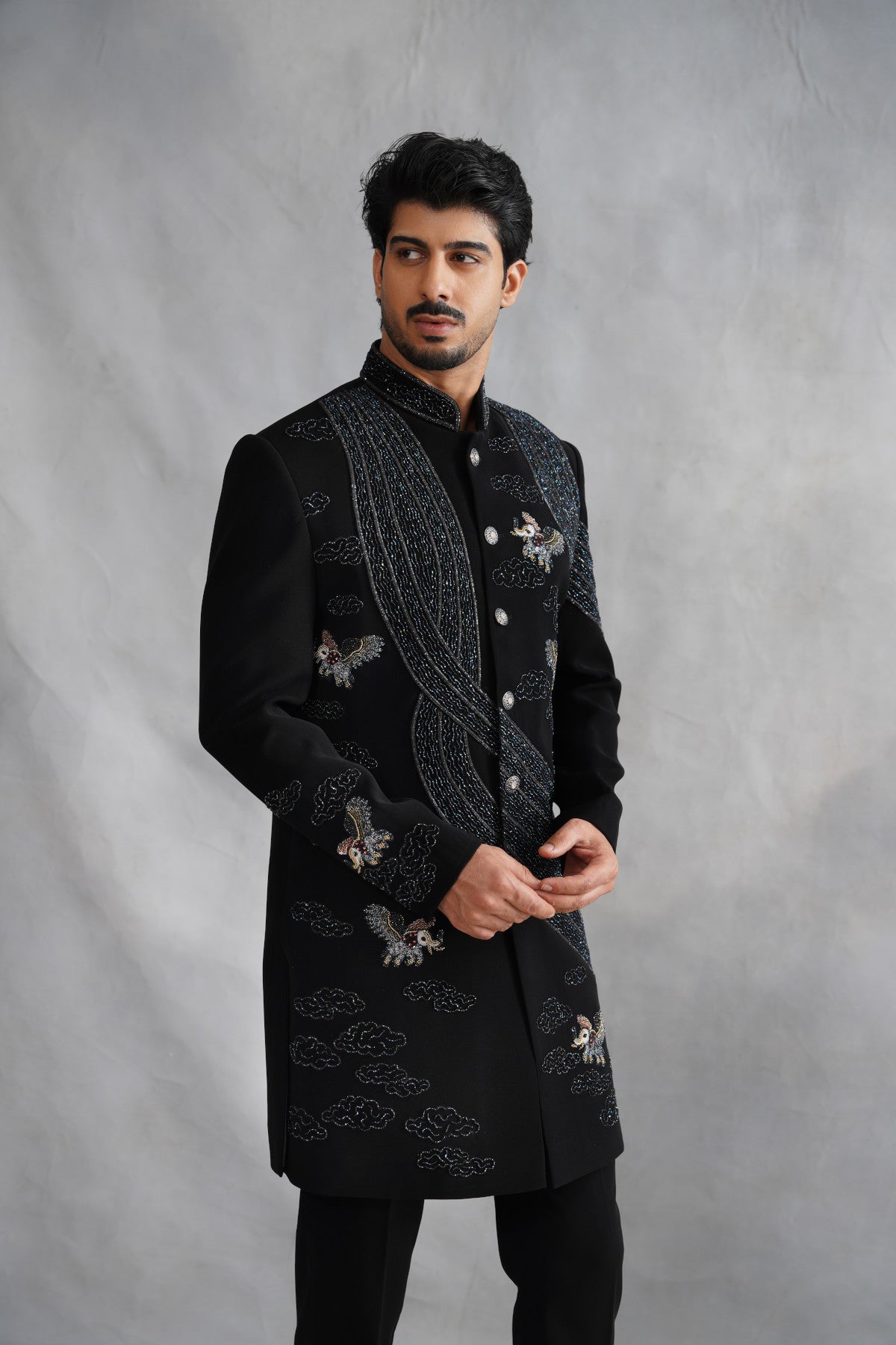 Black Indo-Western with Flying Horse & Cloud Motifs