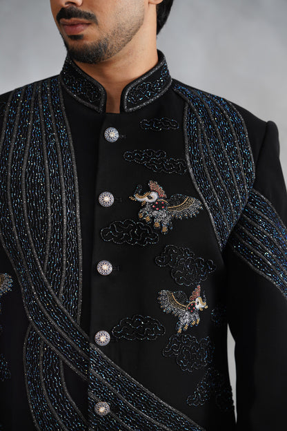 Black Indo-Western with Flying Horse & Cloud Motifs