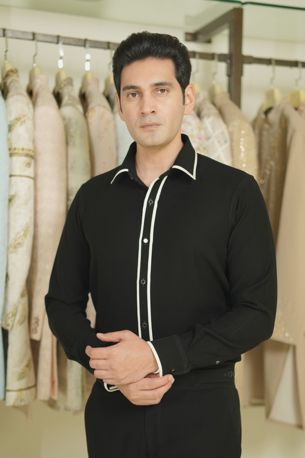 Black Double-Breasted Suit with White Piping on Premium Suiting Fabric