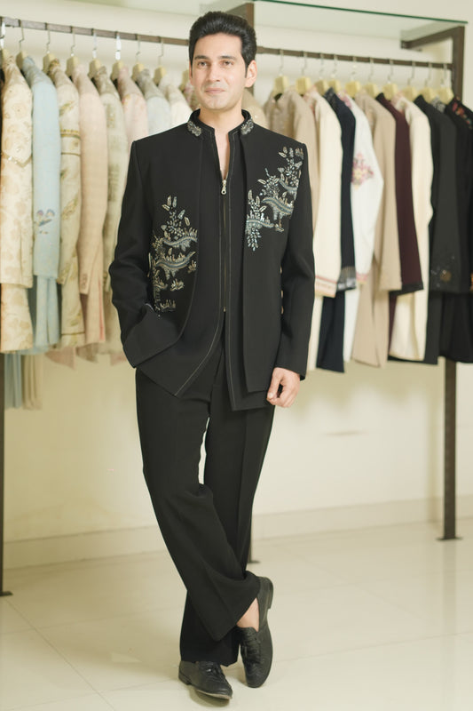 Black Layered Indo-Western Suit with Zip Inner and Scenic Embroidery