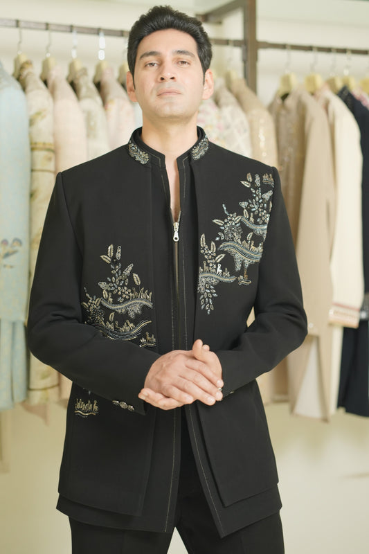 Black Layered Indo-Western Suit with Zip Inner and Scenic Embroidery