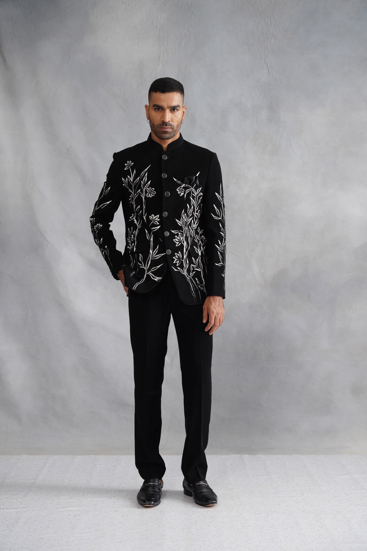 Black Bandhgala Suit with Hand-Painted Sketch Art