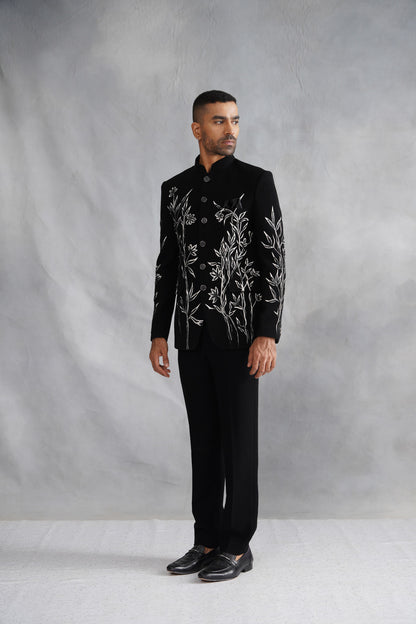 Black Bandhgala Suit with Hand-Painted Sketch Art