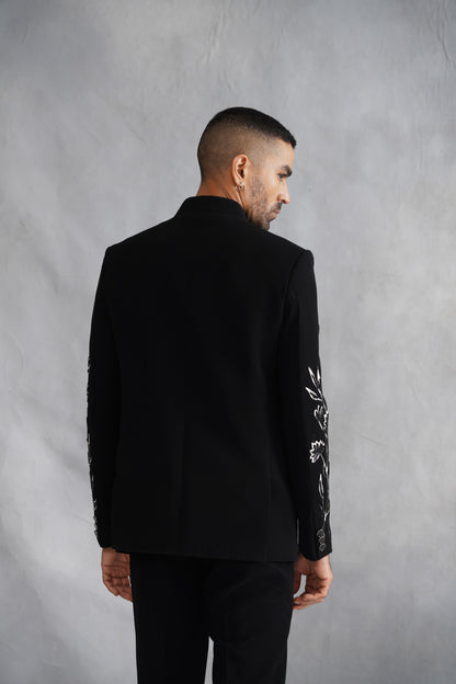 Black Bandhgala Suit with Hand-Painted Sketch Art