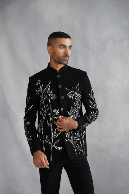 Black Bandhgala Suit with Hand-Painted Sketch Art