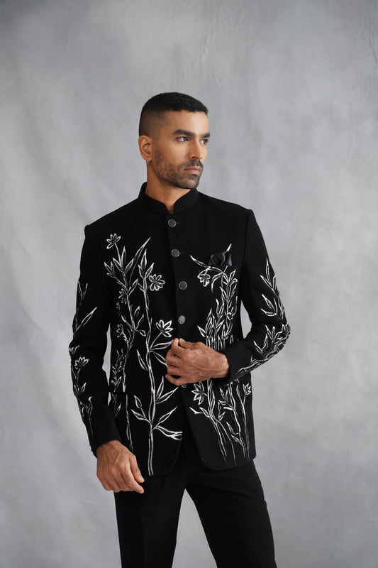 Black Bandhgala Suit with Hand-Painted Sketch Art