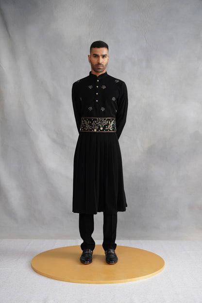 Black Open-Front Indo-Western Set with Embroidered Belt & Pleated Kurta