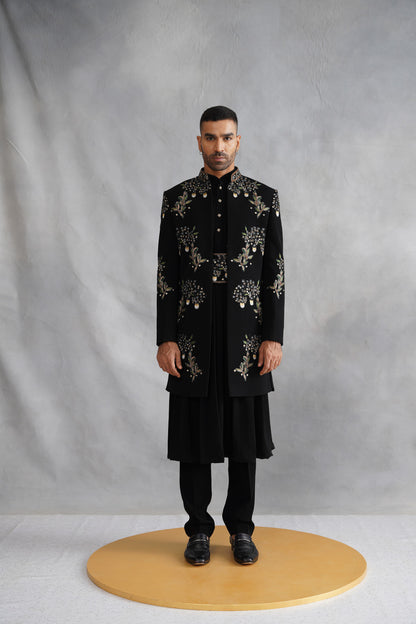 Black Open-Front Indo-Western Set with Embroidered Belt & Pleated Kurta